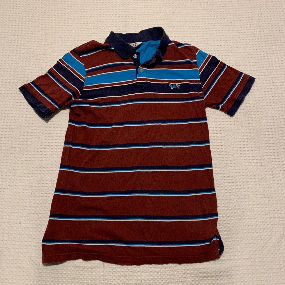 Retro Fox Mens Short Sleeve Striped Polo Shirt Burgundy Blue Size M